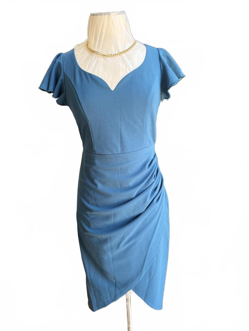 Missufe Blue Bodycon Midi Dress with Sheer Mesh Yoke Size M